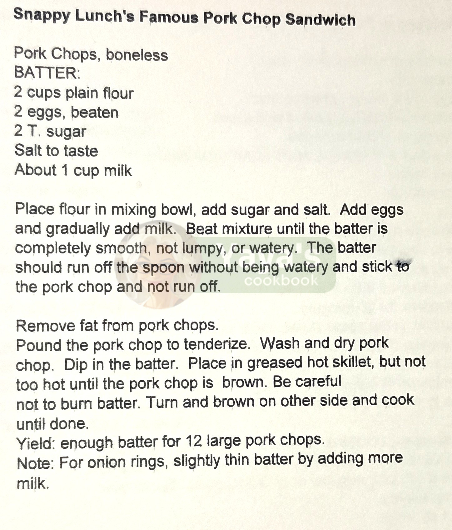 Snappy Lunch’s Famous Pork Chop Sandwich Recipe Card