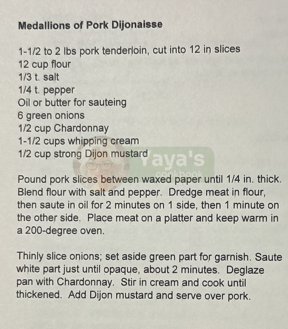 Medallions of Pork Dijonaisse Recipe Card