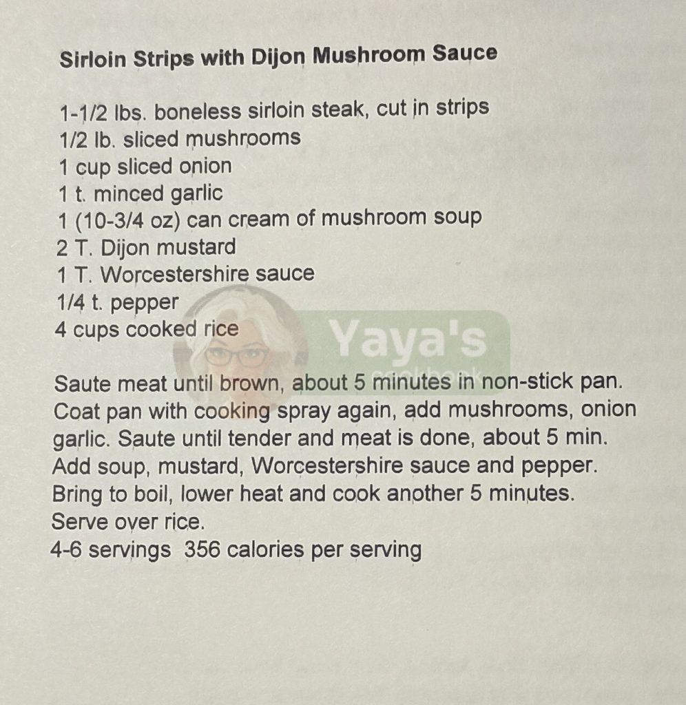 sirloin strips with dijon mushroom sauce recipe card