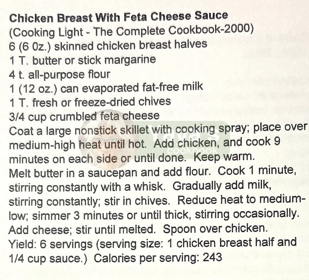 Chicken Breast with Feta Cheese Sauce Recipe Card