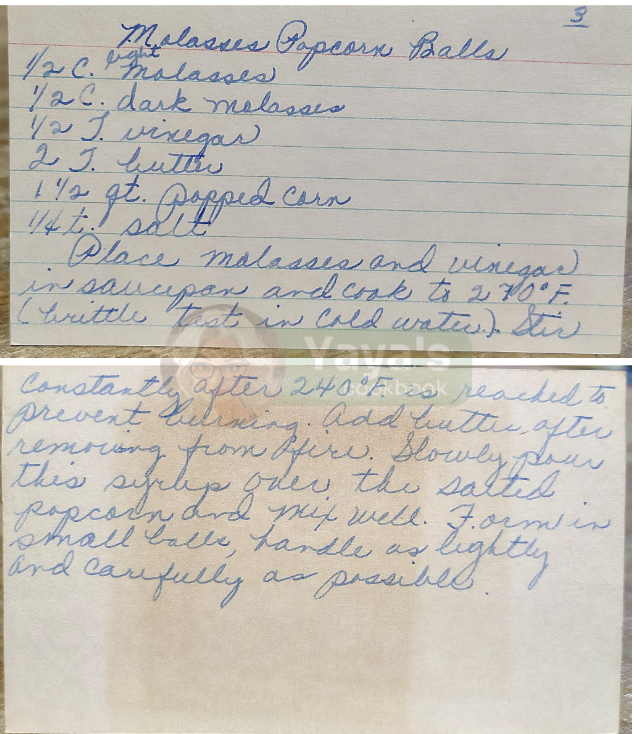 Molasses Popcorn Balls Recipe Card