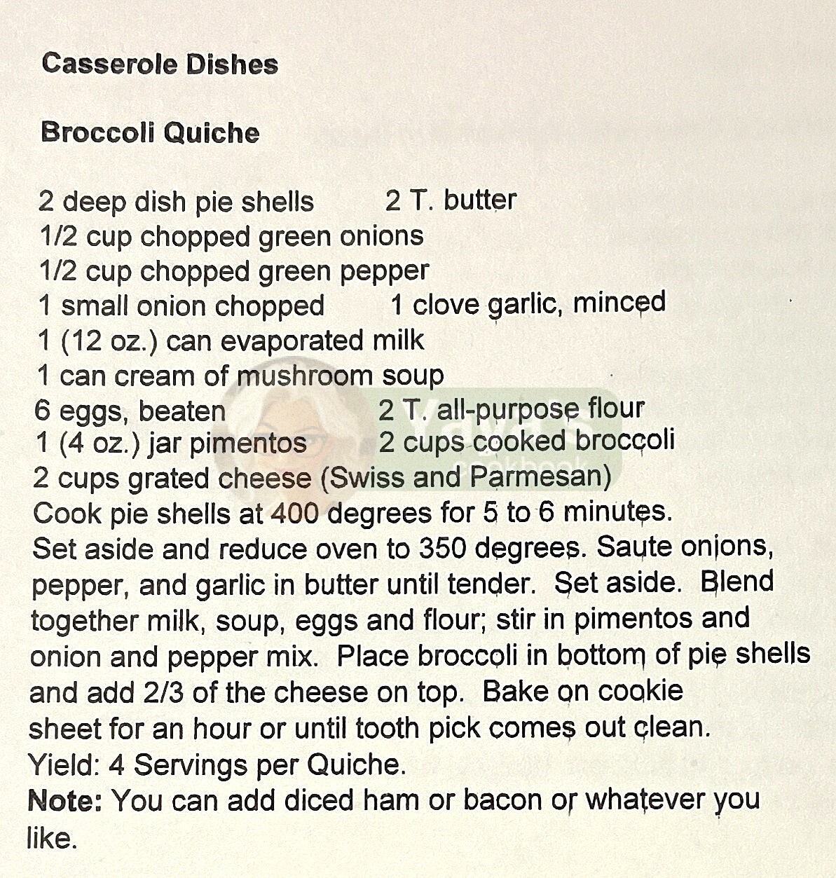 broccoli quiche recipe card