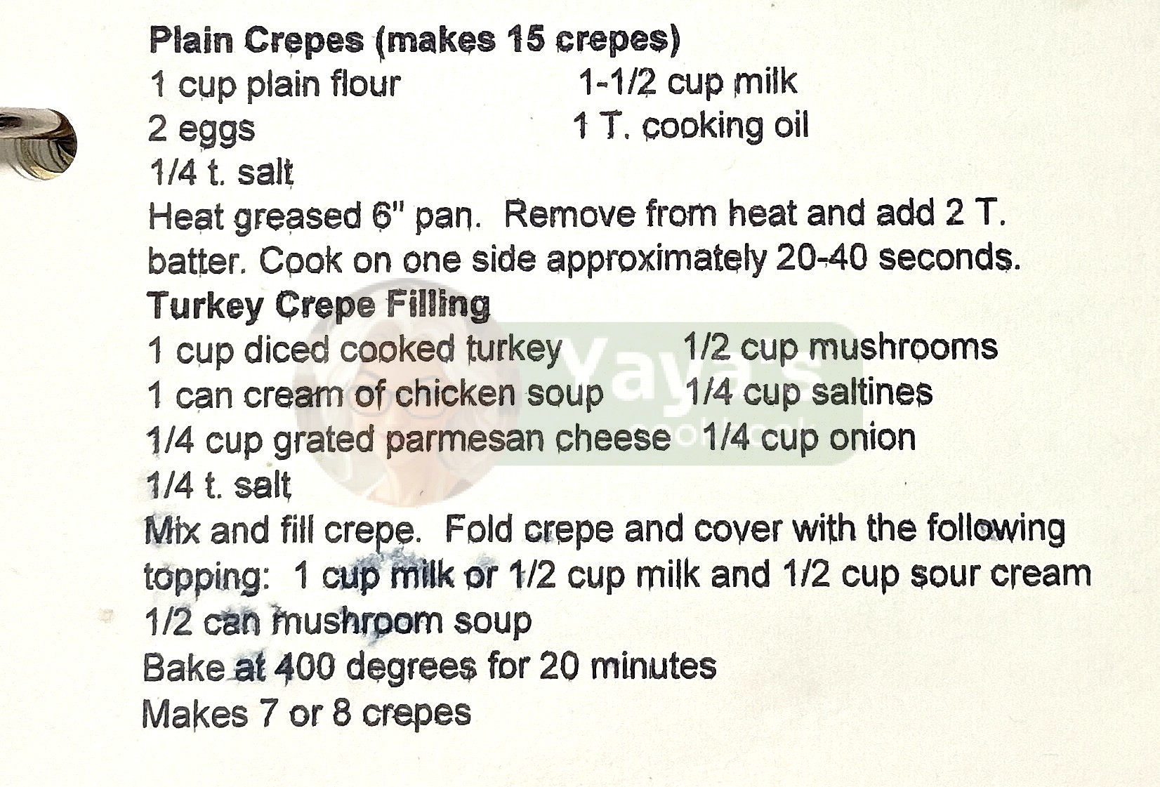 Turkey Crepes Recipe Card