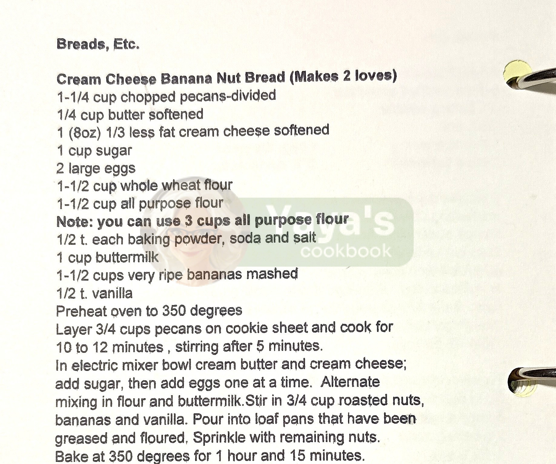 cream cheese banana nut bread recipe card