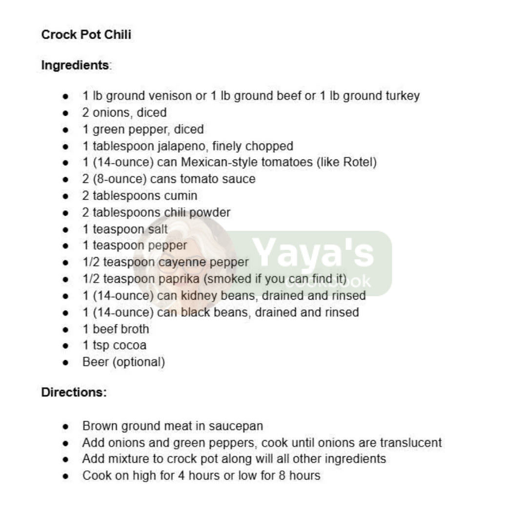 Crock Pot Chili Recipe Card