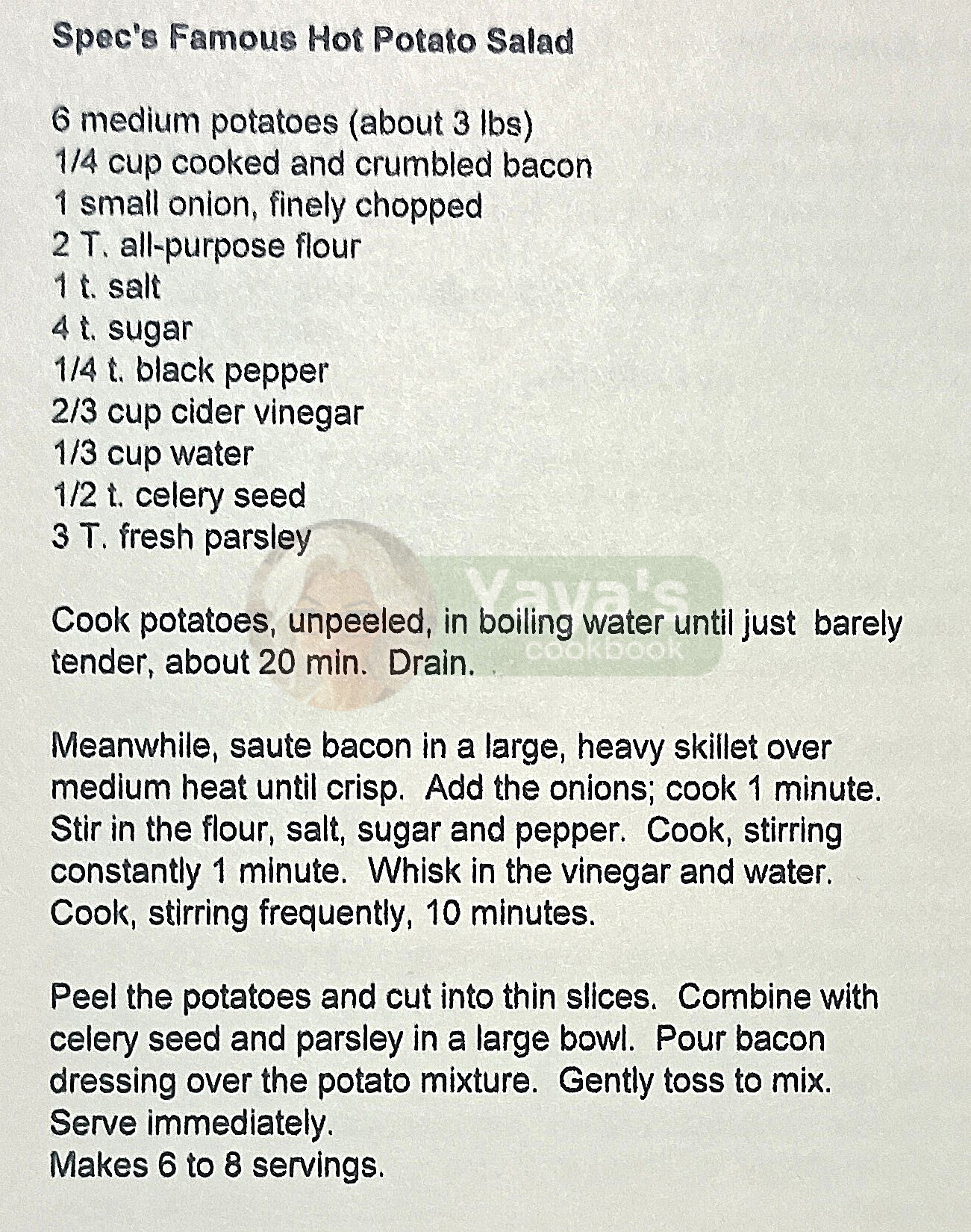 Spec's Famous Hot Potato Salad Recipe Card