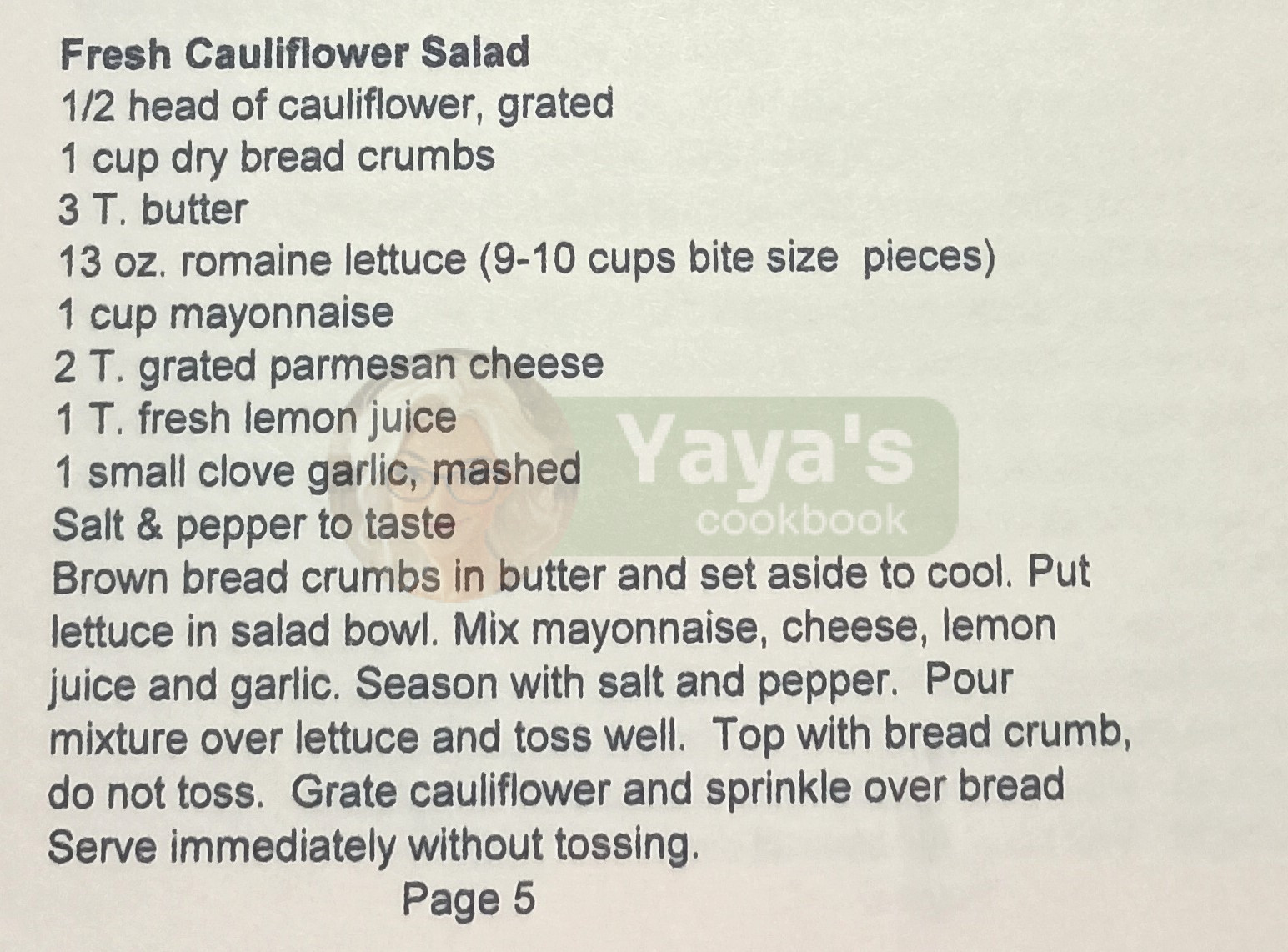 Cauliflower Salad Recipe Card