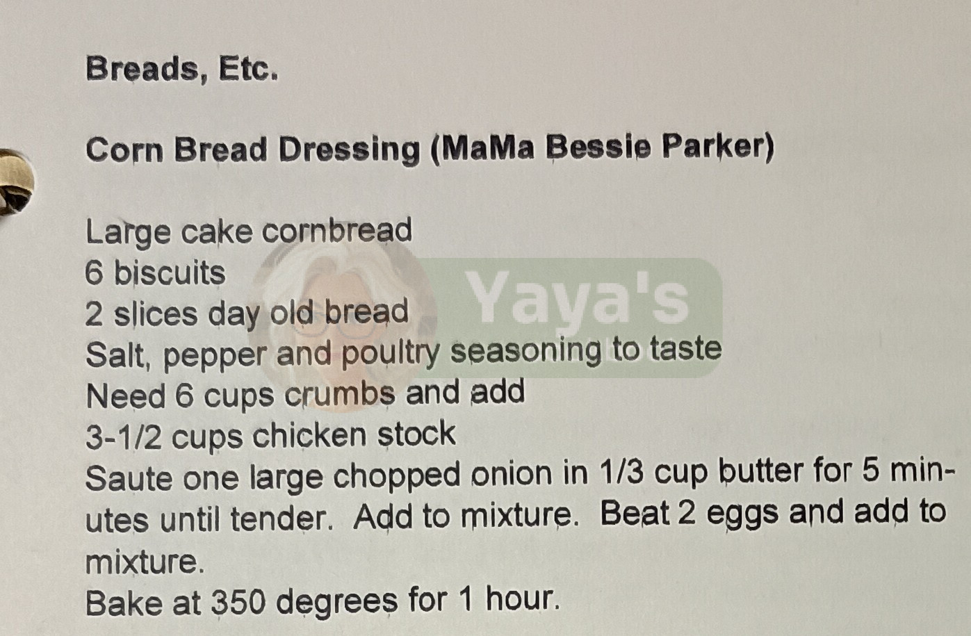 Cornbread dressing recipe card
